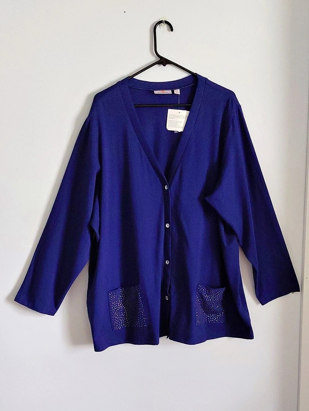 Quacker Factory Blue Rhinestone Pocket V Neck Button Front Cardigan 3X NWT